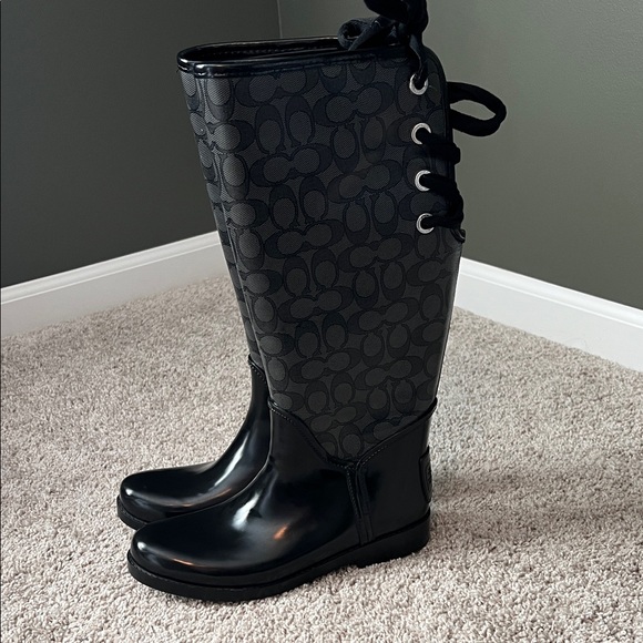 Coach Tristee Signature C Logo Lace Back Rain Boots Black Size 8 / 39 - Picture 1 of 7
